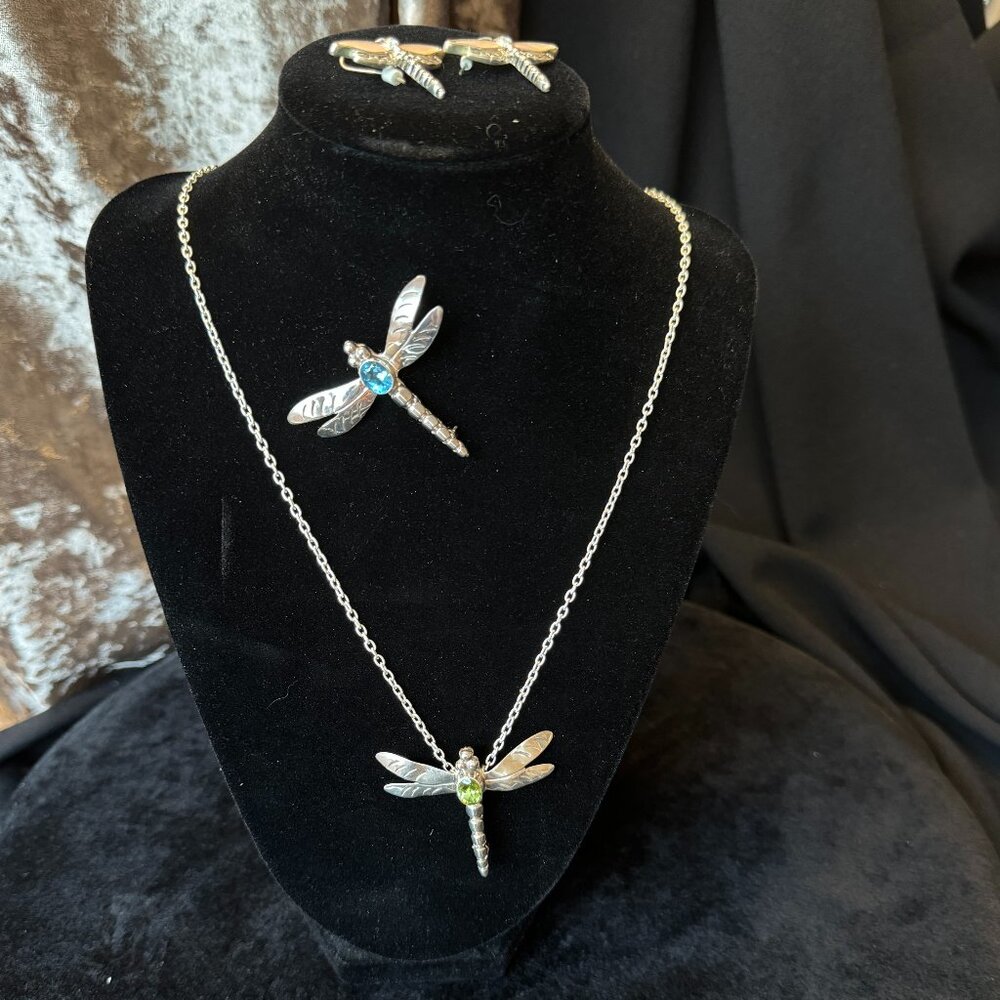 Dragonfly Lovers Set 2 Pin Pendants Earrings Necklace Blue Green Mother of Pearl